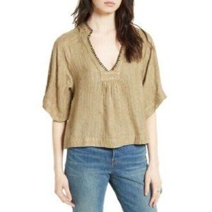 Free People Size SP Get Over‎ It Blouse Green Metallic Oversized V Neck OB559432